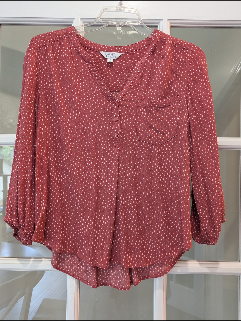 Market & Spruce Rust Red Dot V-Neck Button 3/4 Sleeve Blouse Women's Size Large